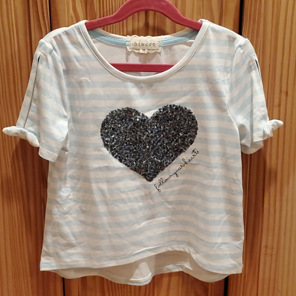 Sequin Heart Blue Stripe Top
